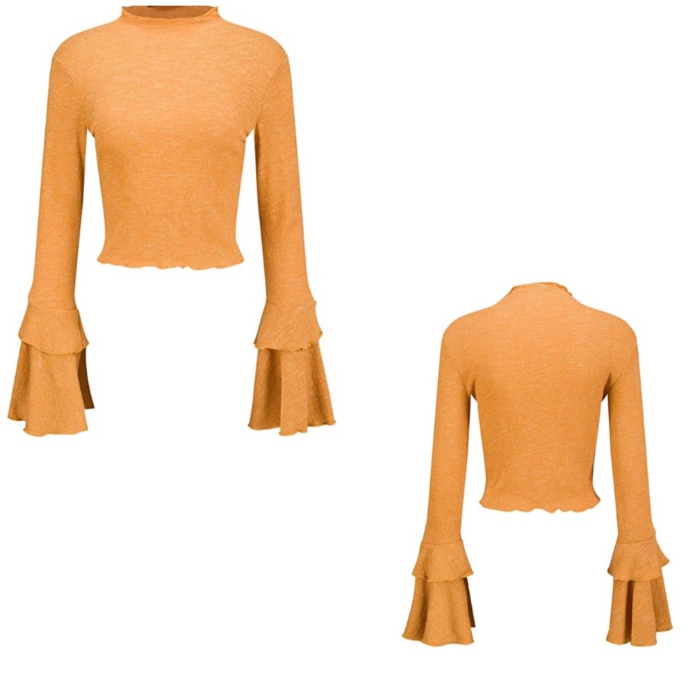 High Neck Trumpet Flare Bell Sleeve Blouse